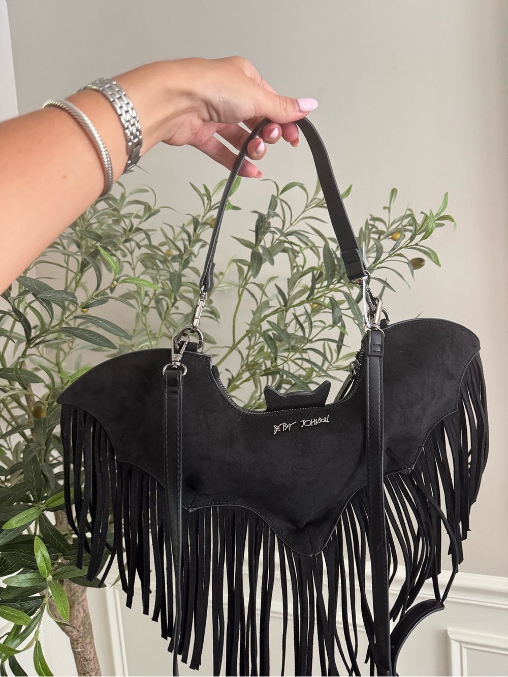 Betsey Johnson Black Bat-Shaped Fringe Shoulder Bag - Picture 2 of 3